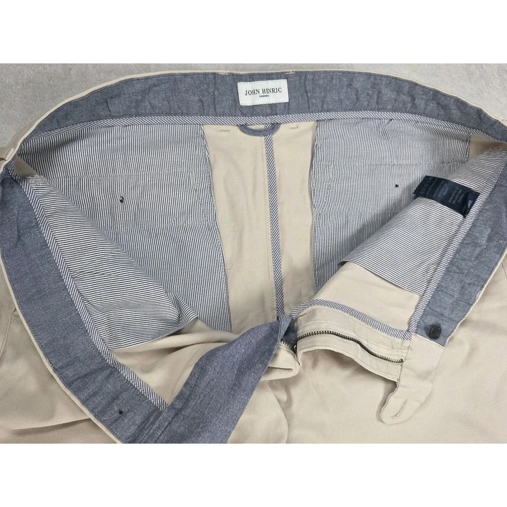 John Henric Soho Chino Pants Mens W40 L32 Beige Stretch Slim Fit Dress Casual...